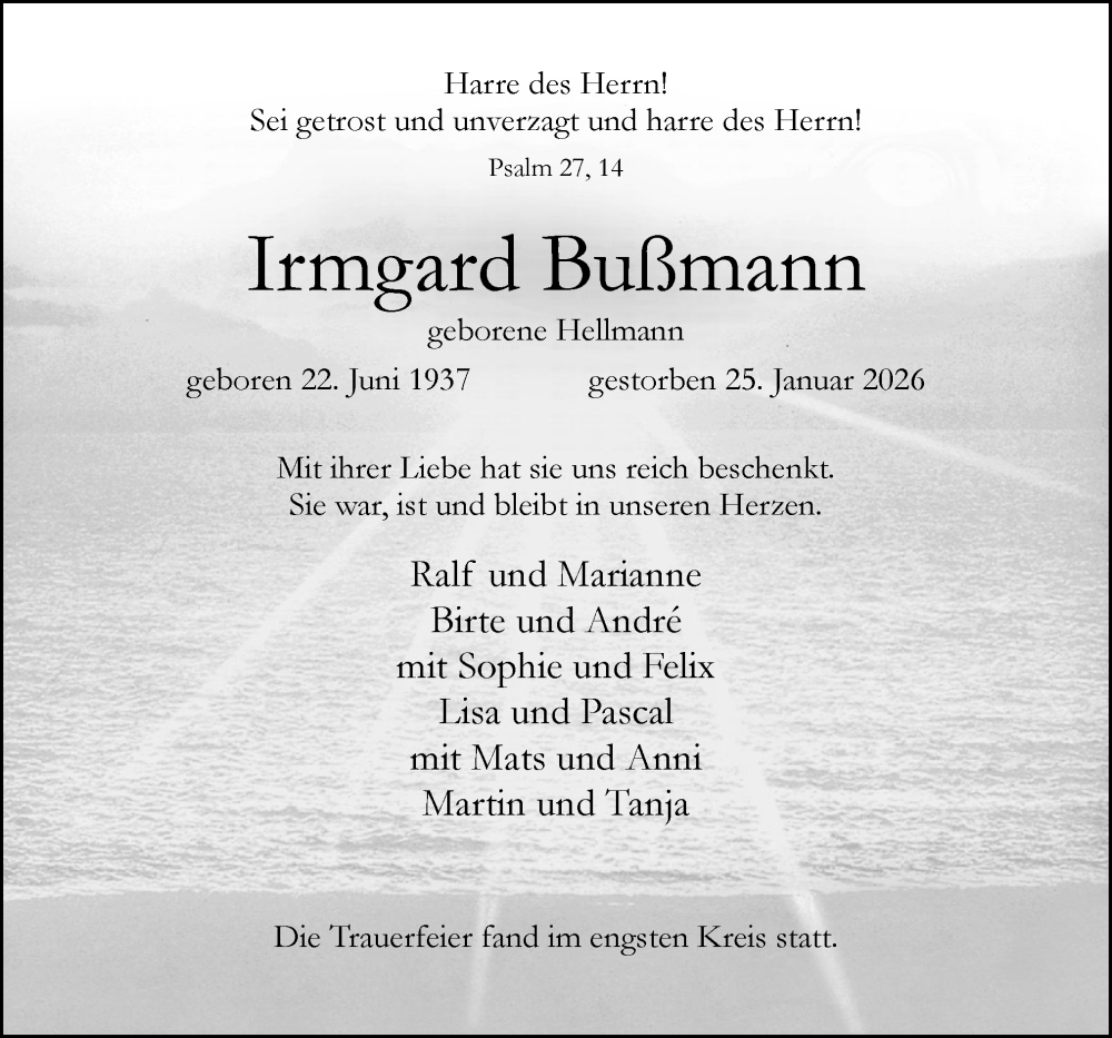  Traueranzeige für Irmgard Bußmann vom 07.02.2026 aus Neue Osnabrücker Zeitung GmbH & Co. KG