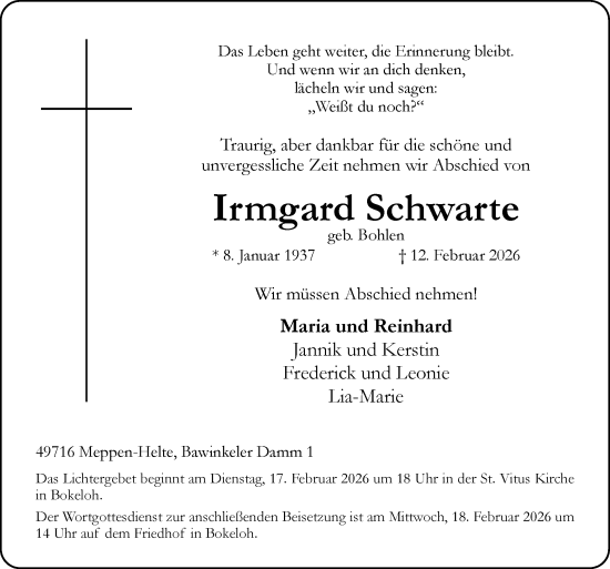 Traueranzeige von Irmgard Schwarte von Neue Osnabrücker Zeitung GmbH & Co. KG