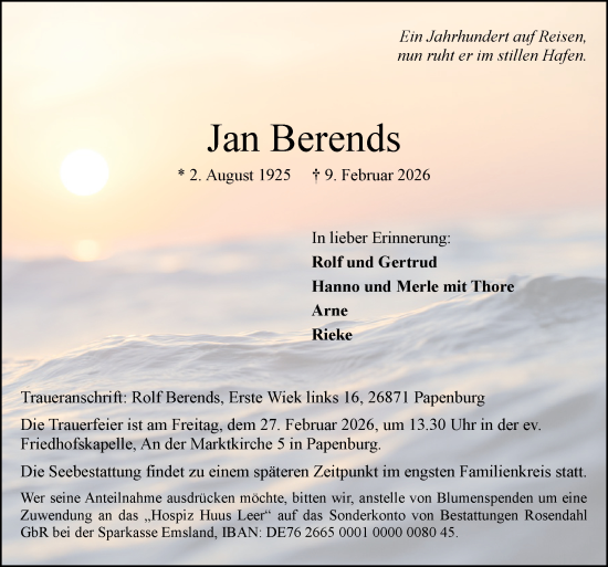 Traueranzeige von Jan Berends von Neue Osnabrücker Zeitung GmbH & Co. KG