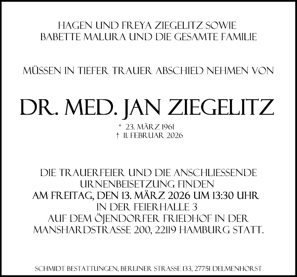  Traueranzeige für Jan Ziegelitz vom 28.02.2026 aus DK Medien GmbH & Co. KG