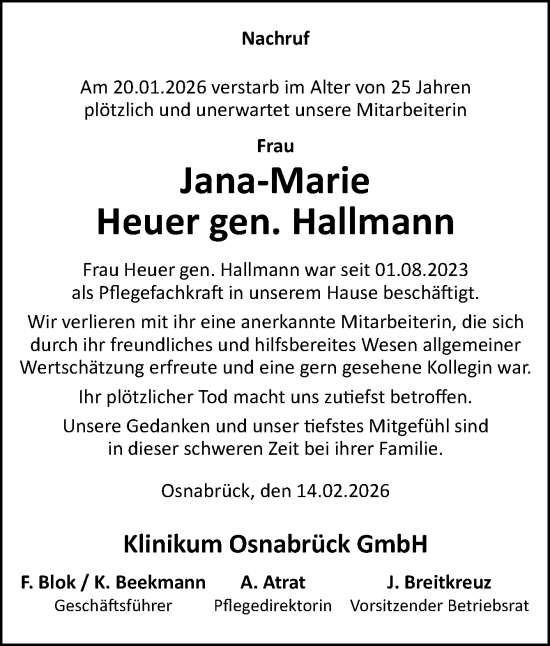 Traueranzeige von Jana-Marie Heuer gen-Hallmann von Neue Osnabrücker Zeitung GmbH & Co. KG