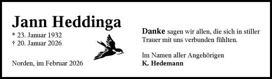 Traueranzeige von Jann Heddinga von Ostfriesischer Kurier / Norderneyer Badezeitung