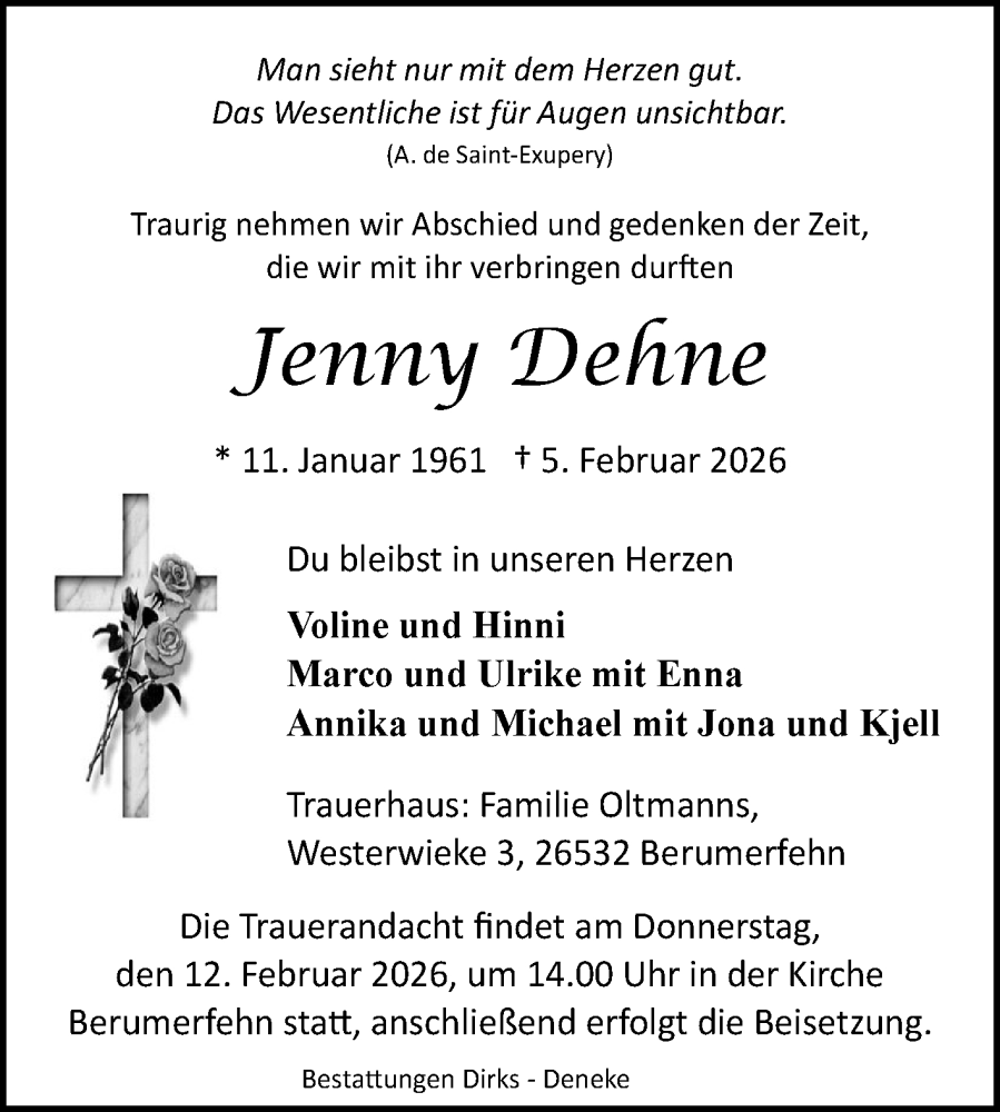  Traueranzeige für Jenny Dehne vom 10.02.2026 aus Ostfriesischer Kurier GmbH