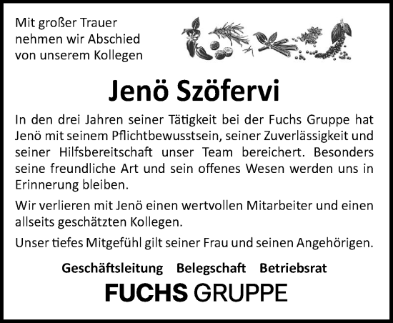 Traueranzeige von Jenö Szöfervi von Neue Osnabrücker Zeitung GmbH & Co. KG