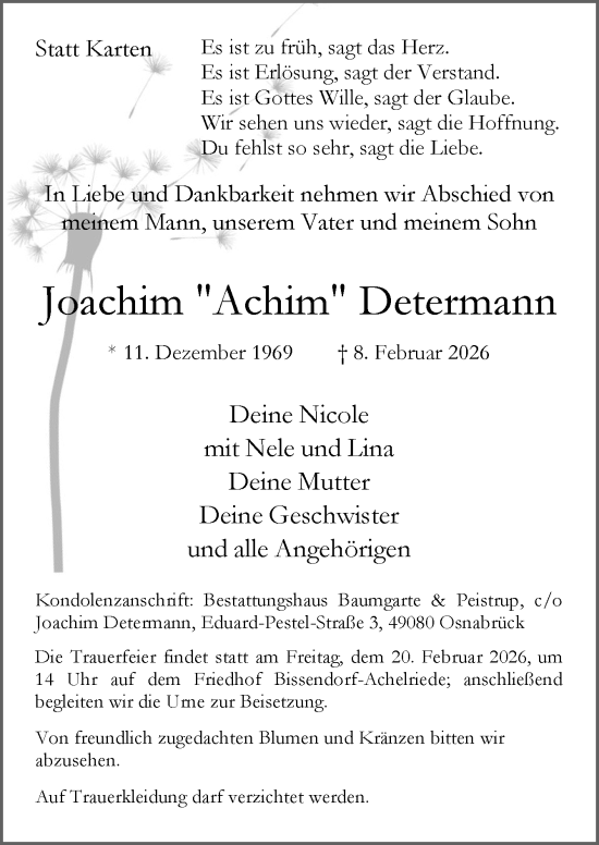 Traueranzeige von Joachim Determann von Neue Osnabrücker Zeitung GmbH & Co. KG