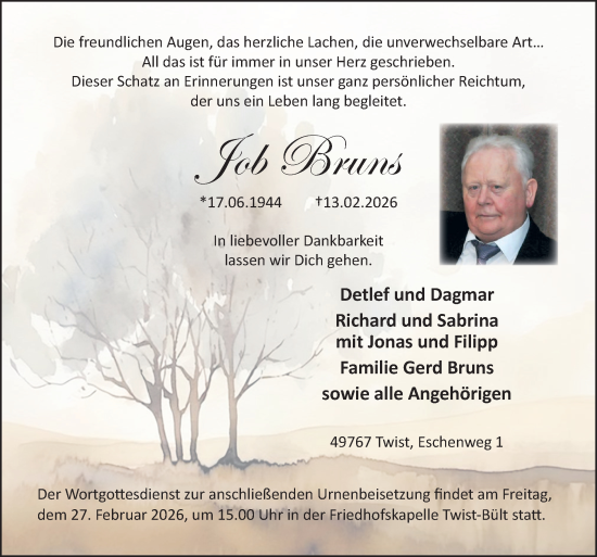 Traueranzeige von Job Bruns von Neue Osnabrücker Zeitung GmbH & Co. KG