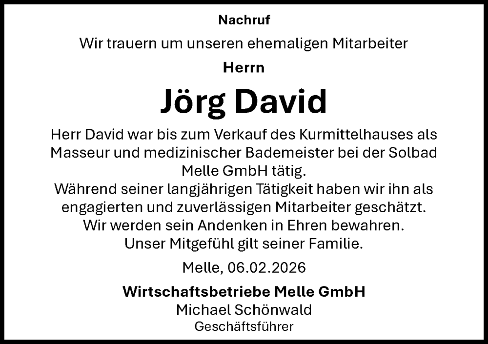  Traueranzeige für Jörg David vom 06.02.2026 aus Neue Osnabrücker Zeitung GmbH & Co. KG