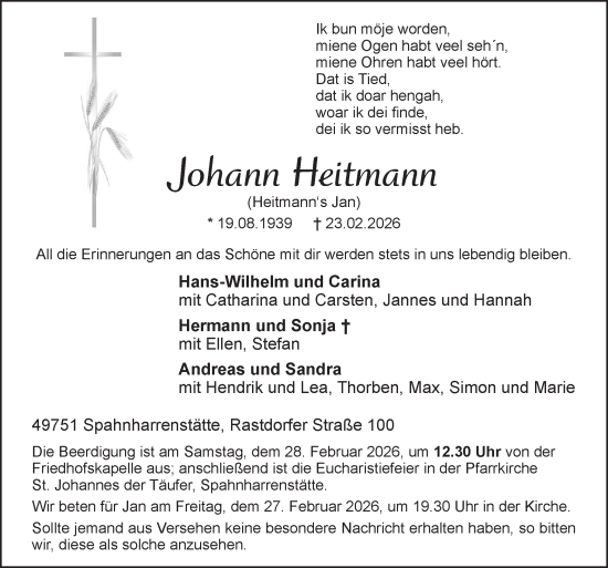 Traueranzeige von Johann Heitmann von Neue Osnabrücker Zeitung GmbH & Co. KG