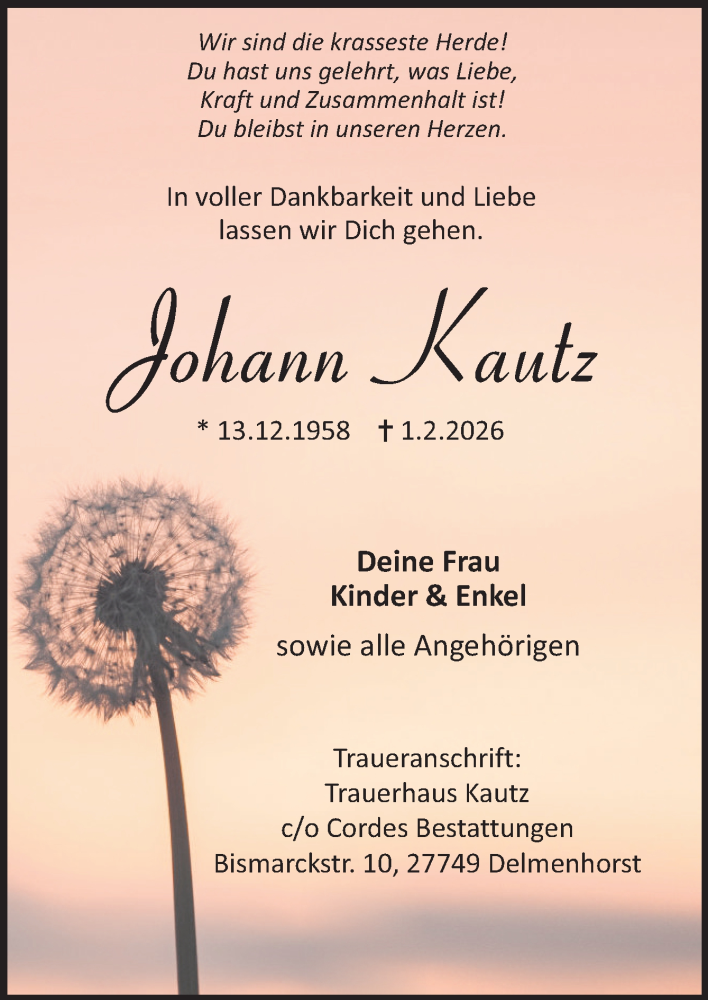  Traueranzeige für Johann Kautz vom 07.02.2026 aus DK Medien GmbH & Co. KG