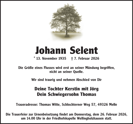 Traueranzeige von Johann Selent von Neue Osnabrücker Zeitung GmbH & Co. KG