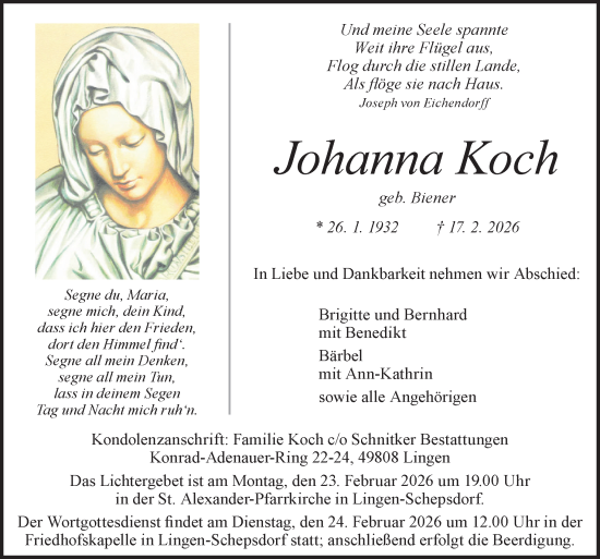Traueranzeige von Johanna Koch von Neue Osnabrücker Zeitung GmbH & Co. KG