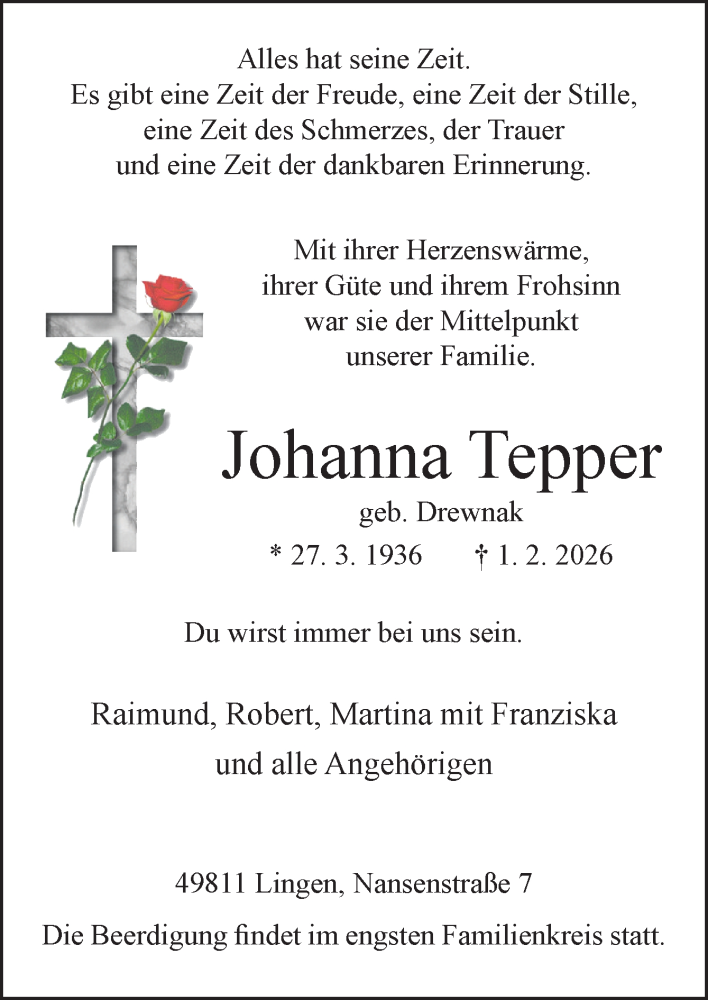  Traueranzeige für Johanna Tepper vom 07.02.2026 aus Neue Osnabrücker Zeitung GmbH & Co. KG