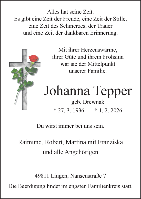 Traueranzeige von Johanna Tepper von Neue Osnabrücker Zeitung GmbH & Co. KG