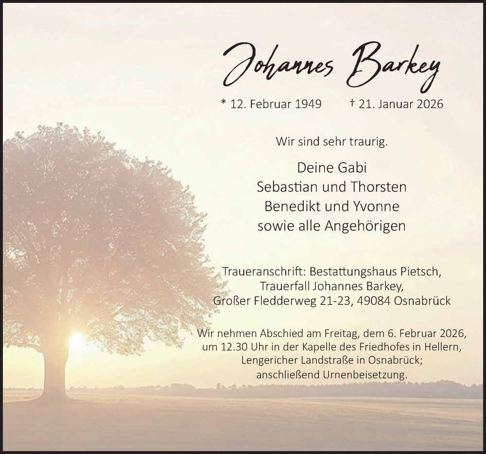  Traueranzeige für Johannes Barkey vom 31.01.2026 aus Neue Osnabrücker Zeitung GmbH & Co. KG