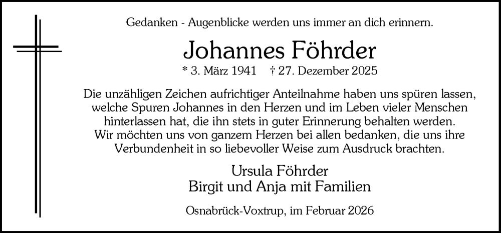  Traueranzeige für Johannes Föhrder vom 07.02.2026 aus Neue Osnabrücker Zeitung GmbH & Co. KG