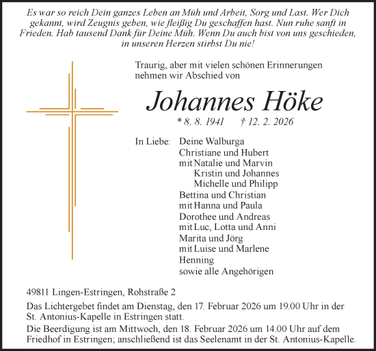 Traueranzeige von Johannes Höke von Neue Osnabrücker Zeitung GmbH & Co. KG