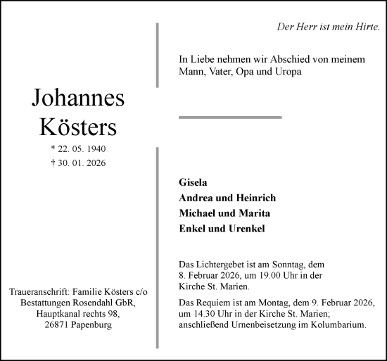 Traueranzeige von Johannes Kösters von Neue Osnabrücker Zeitung GmbH & Co. KG