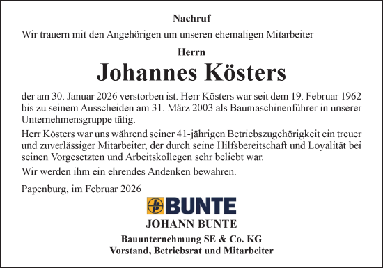 Traueranzeige von Johannes Kösters von Neue Osnabrücker Zeitung GmbH & Co. KG