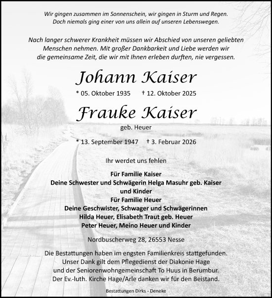 Traueranzeige von Johann und Frauke Kaiser von Ostfriesischer Kurier GmbH