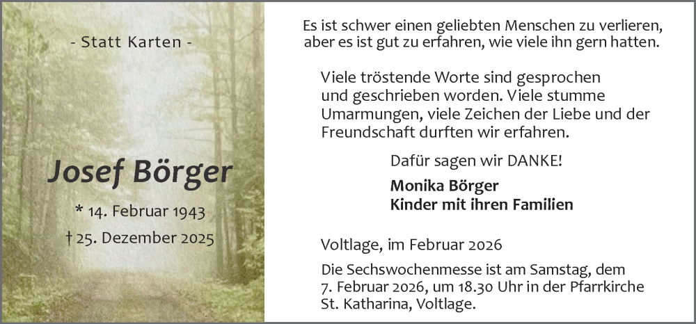  Traueranzeige für Josef Börger vom 04.02.2026 aus Neue Osnabrücker Zeitung GmbH & Co. KG