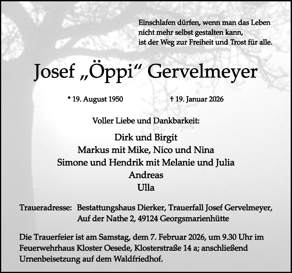  Traueranzeige für Josef Gervelmeyer vom 31.01.2026 aus Neue Osnabrücker Zeitung GmbH & Co. KG