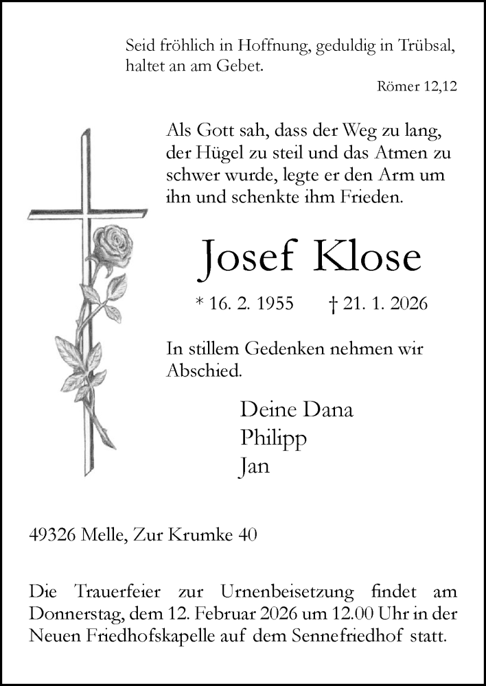  Traueranzeige für Josef Klose vom 07.02.2026 aus Neue Osnabrücker Zeitung GmbH & Co. KG