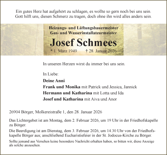 Traueranzeige von Josef Schmees von Neue Osnabrücker Zeitung GmbH & Co. KG