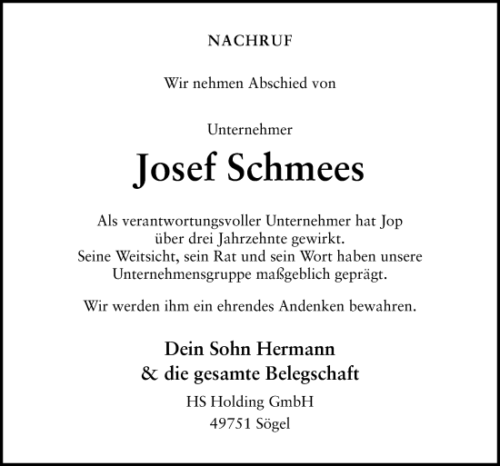 Traueranzeige von Josef Schmees von Neue Osnabrücker Zeitung GmbH & Co. KG