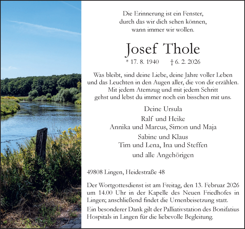  Traueranzeige für Josef Thole vom 11.02.2026 aus Neue Osnabrücker Zeitung GmbH & Co. KG