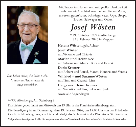 Traueranzeige von Josef Wösten von Neue Osnabrücker Zeitung GmbH & Co. KG