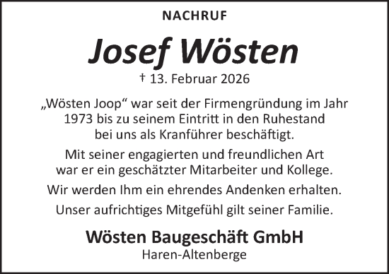 Traueranzeige von Josef Wösten von Neue Osnabrücker Zeitung GmbH & Co. KG
