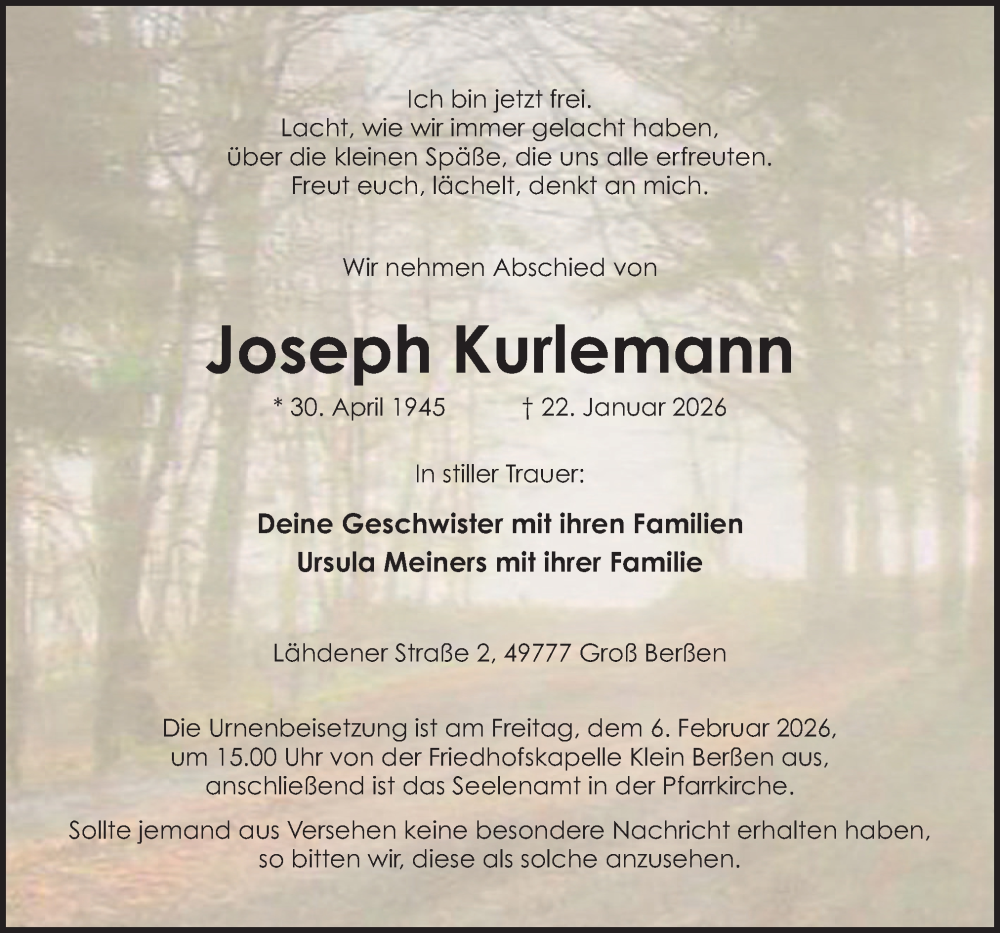  Traueranzeige für Joseph Kurlemann vom 03.02.2026 aus Neue Osnabrücker Zeitung GmbH & Co. KG