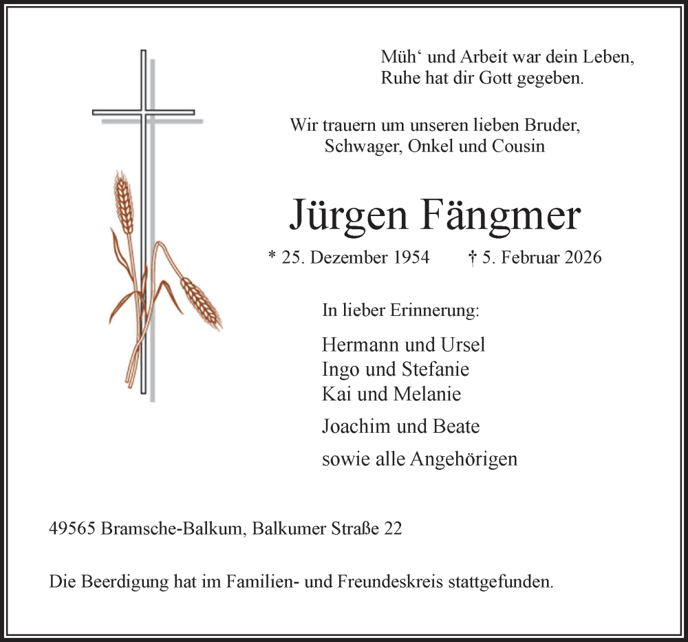  Traueranzeige für Jürgen Fängmer vom 17.02.2026 aus Neue Osnabrücker Zeitung GmbH & Co. KG