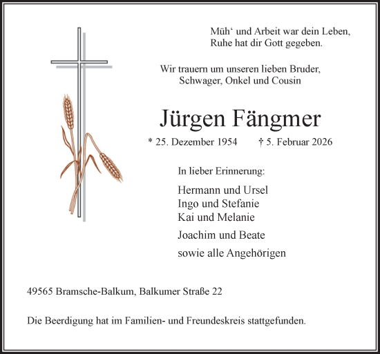 Traueranzeige von Jürgen Fängmer von Neue Osnabrücker Zeitung GmbH & Co. KG