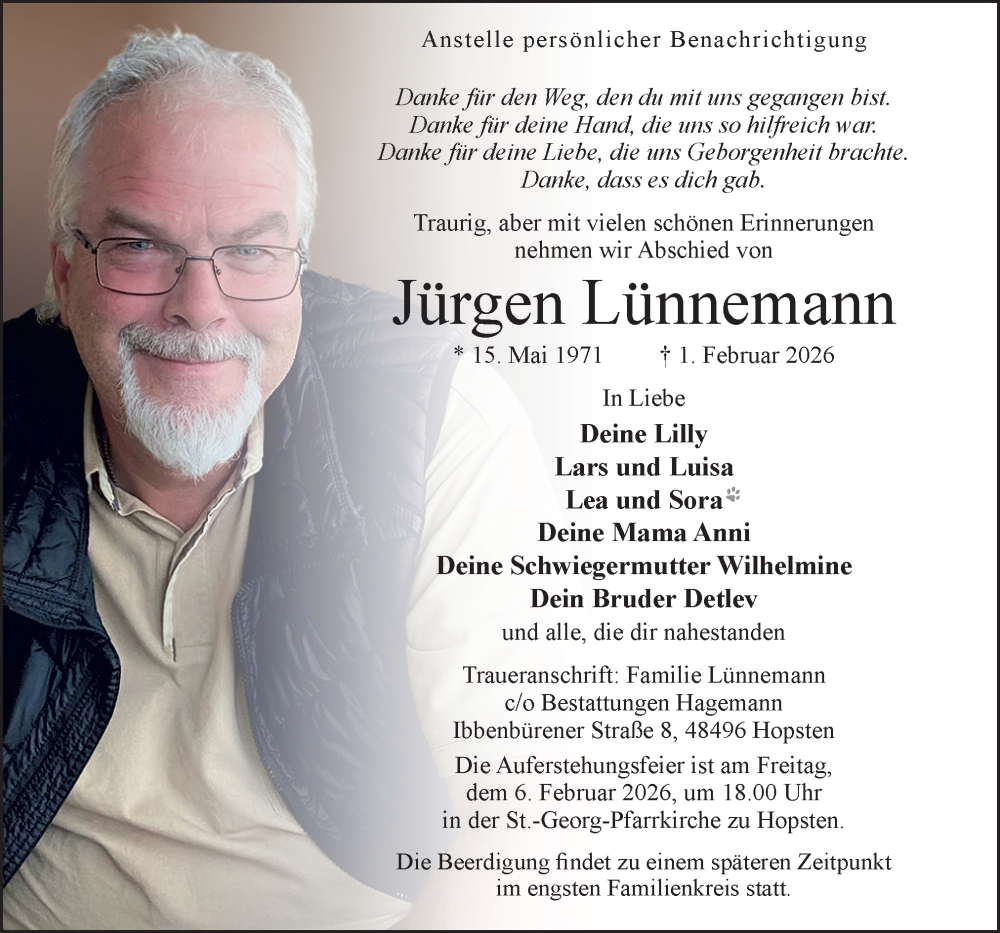  Traueranzeige für Jürgen Lünnemann vom 04.02.2026 aus Neue Osnabrücker Zeitung GmbH & Co. KG