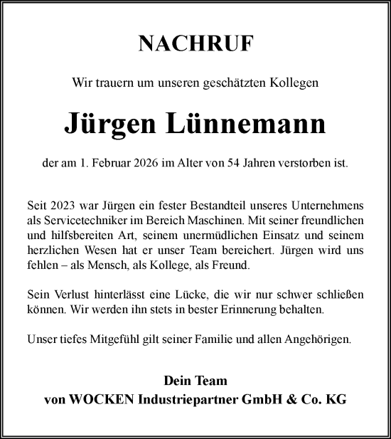 Traueranzeige von Jürgen Lünnemann von Neue Osnabrücker Zeitung GmbH & Co. KG