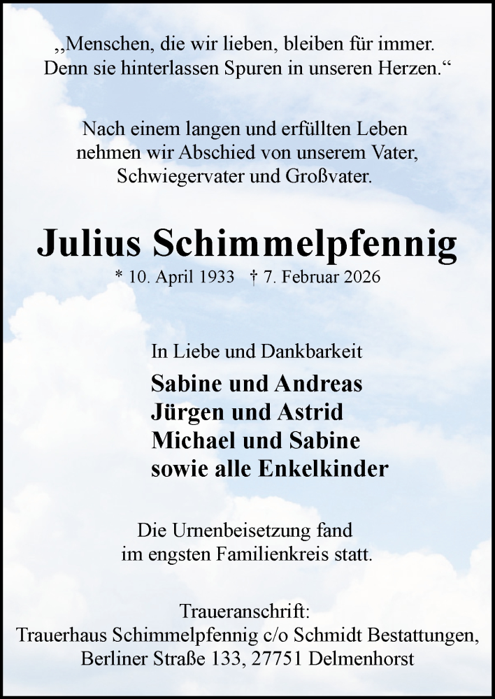  Traueranzeige für Julius Schimmelpfennig vom 28.02.2026 aus DK Medien GmbH & Co. KG