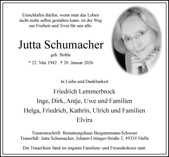 Traueranzeige von Jutta Schumacher von Neue Osnabrücker Zeitung GmbH & Co. KG