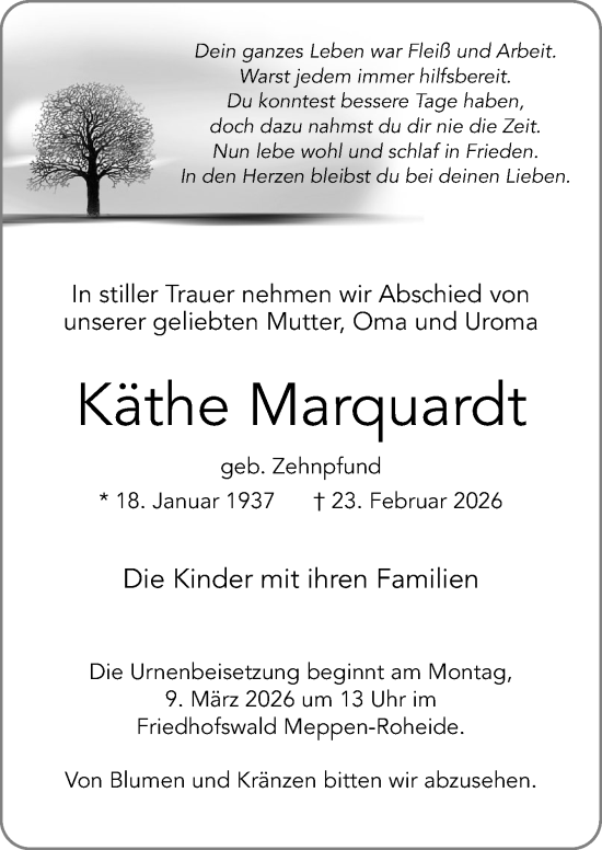Traueranzeige von Käthe Marquardt von Neue Osnabrücker Zeitung GmbH & Co. KG