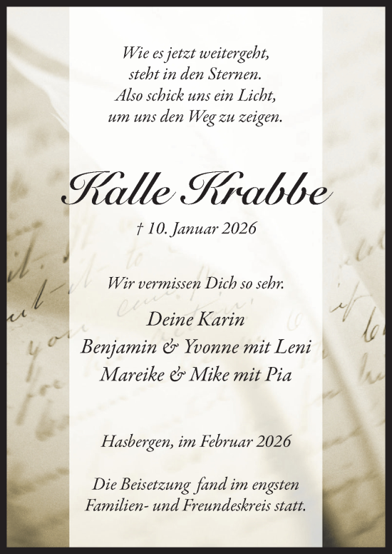Traueranzeige von Kalle Krabbe von Neue Osnabrücker Zeitung GmbH & Co. KG