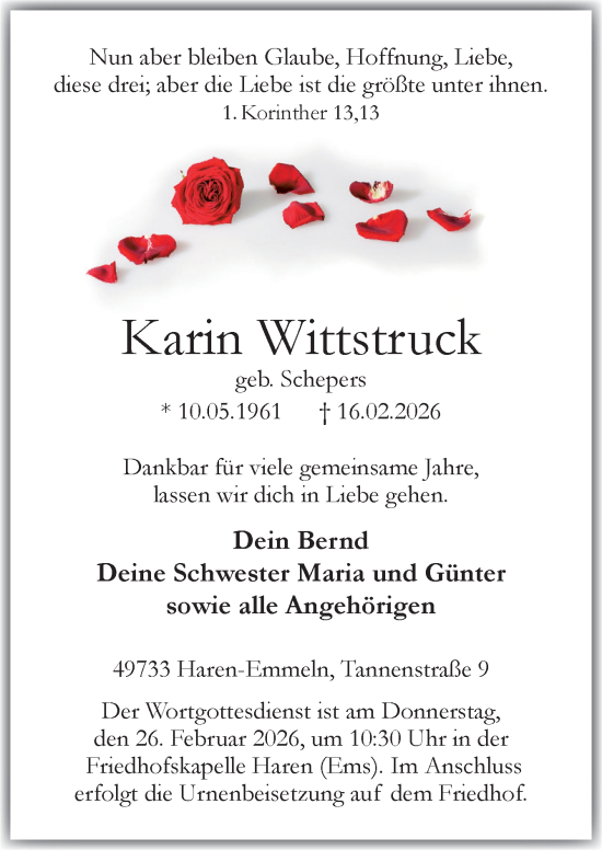 Traueranzeige von Karin Wittstruck von Neue Osnabrücker Zeitung GmbH & Co. KG