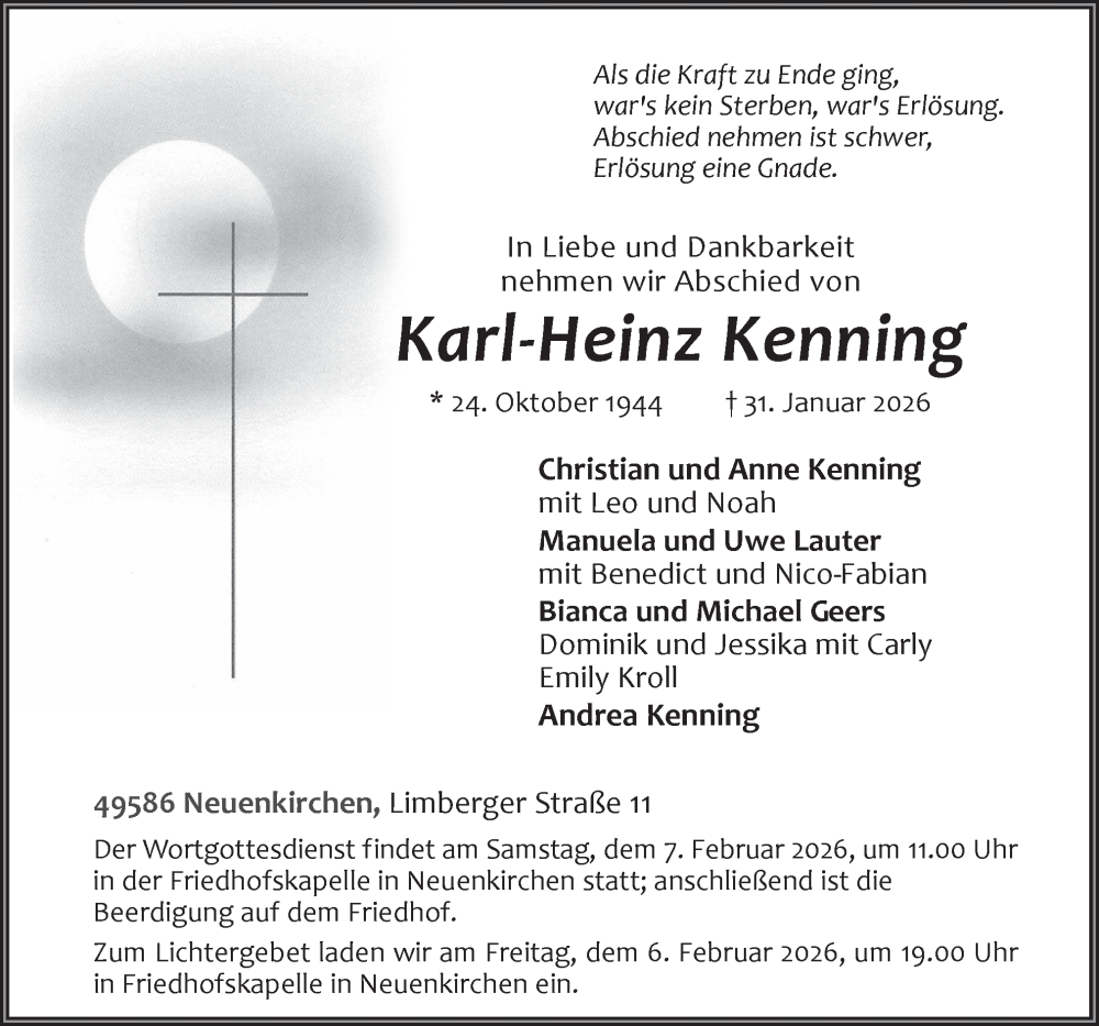  Traueranzeige für Karl-Heinz Kenning vom 03.02.2026 aus Neue Osnabrücker Zeitung GmbH & Co. KG