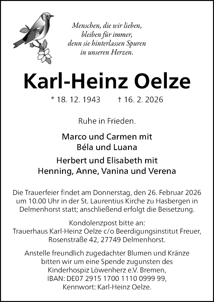  Traueranzeige für Karl-Heinz Oelze vom 21.02.2026 aus DK Medien GmbH & Co. KG