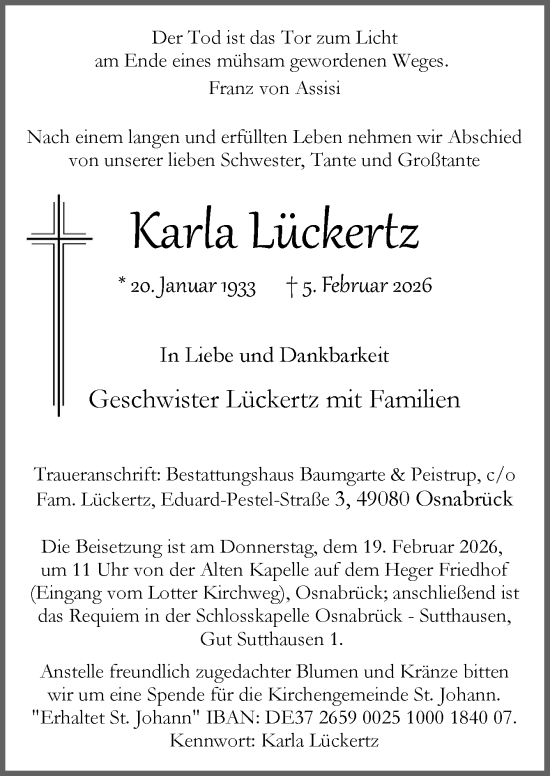 Traueranzeige von Karla Lückertz von Neue Osnabrücker Zeitung GmbH & Co. KG