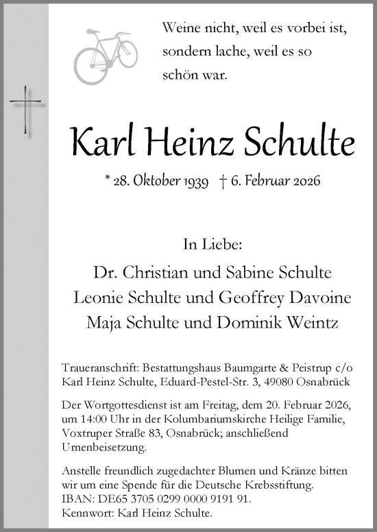 Traueranzeige von Karl Heinz Schulte von Neue Osnabrücker Zeitung GmbH & Co. KG