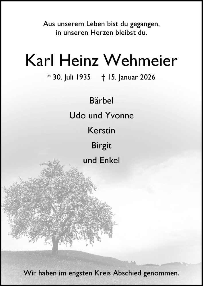  Traueranzeige für Karl Heinz Wehmeier vom 07.02.2026 aus Neue Osnabrücker Zeitung GmbH & Co. KG