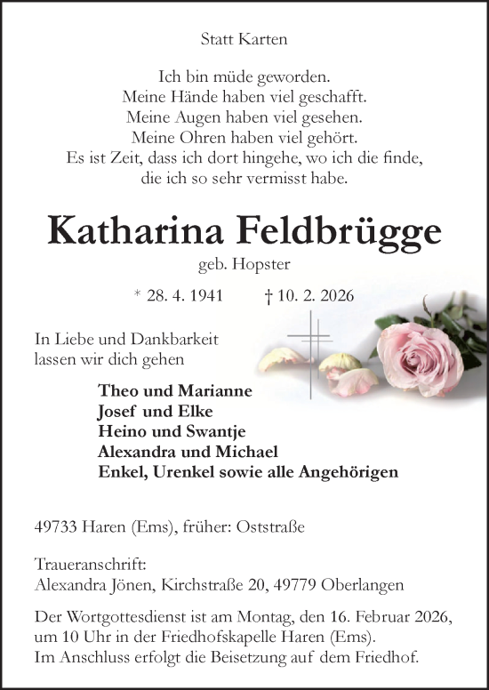 Traueranzeige von Katharina Feldbrügge von Neue Osnabrücker Zeitung GmbH & Co. KG
