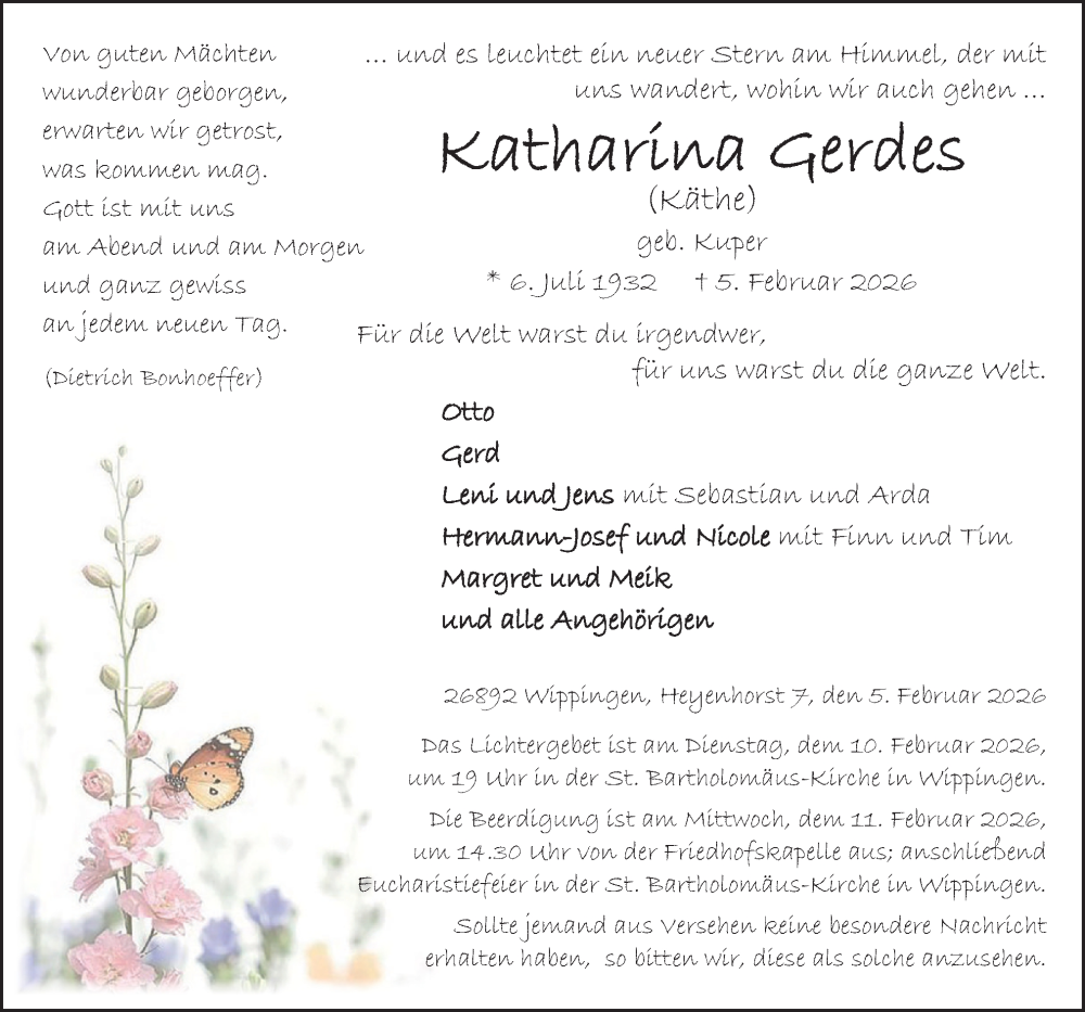  Traueranzeige für Katharina Gerdes vom 07.02.2026 aus Neue Osnabrücker Zeitung GmbH & Co. KG