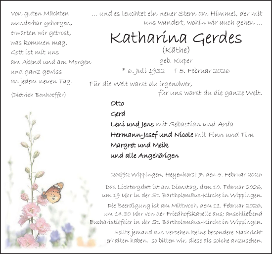 Traueranzeige von Katharina Gerdes von Neue Osnabrücker Zeitung GmbH & Co. KG