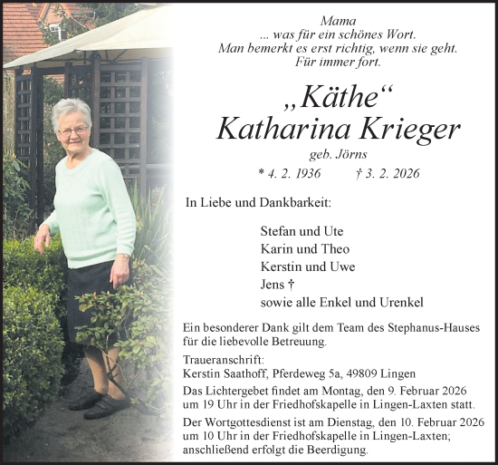 Traueranzeige von Katharina Krieger von Neue Osnabrücker Zeitung GmbH & Co. KG